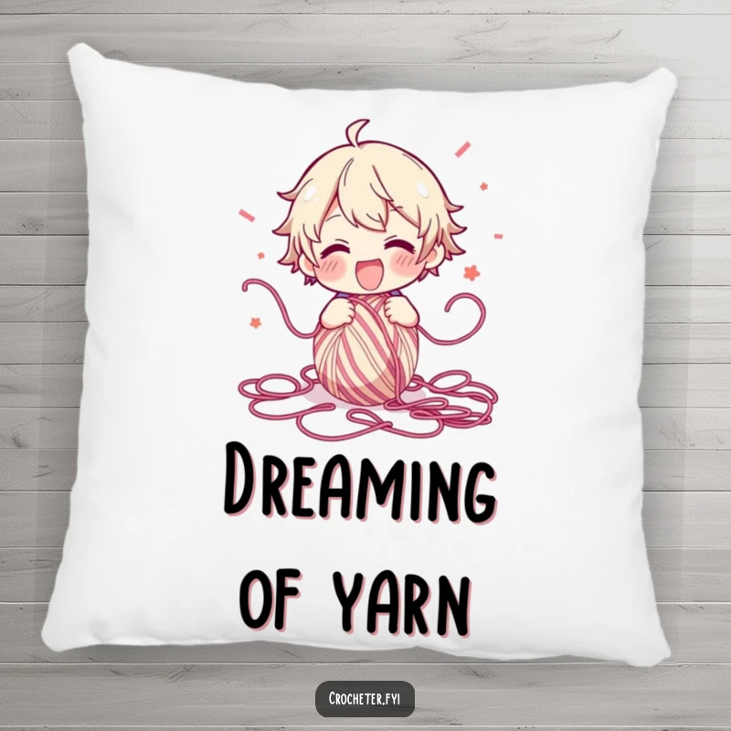 Funny Pillow with a design of a character joyfully unraveling a ball of yarn, scattering strands in a dynamic and humorous pattern.