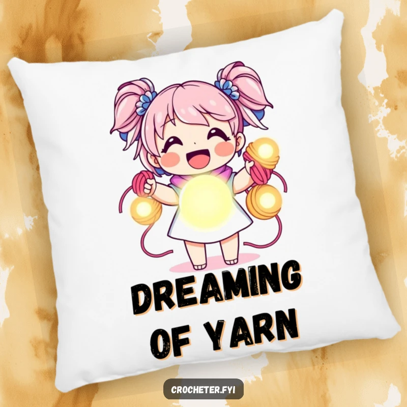 Funny pillow, joyful character holding vibrant yarn skeins like glowing orbs, soft and cheerful decor.