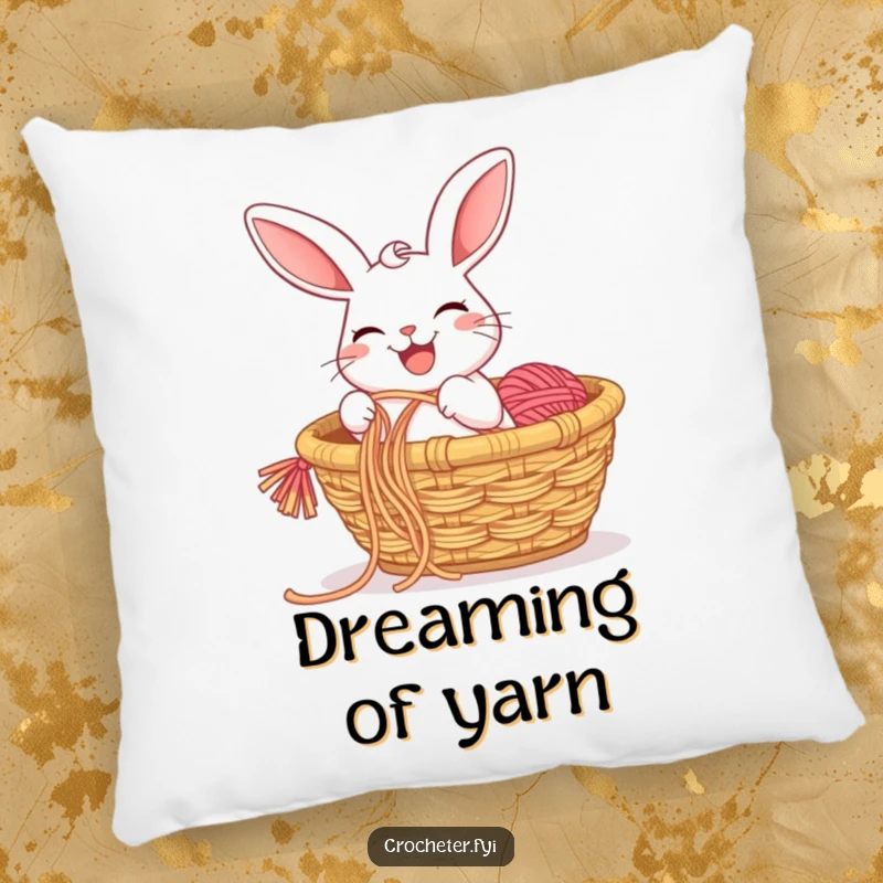 Funny pillow with a grinning rabbit pulling a long string of yarn from a basket, offering cozy and whimsical decor.