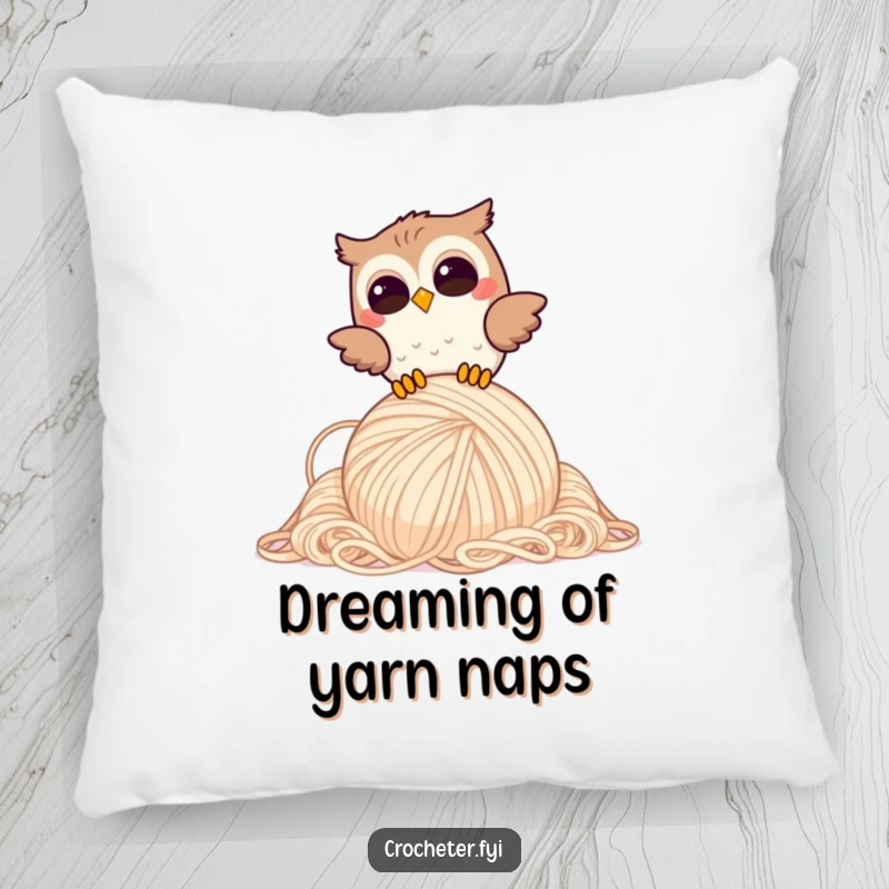 Funny Giggling Owl Pillow: Joyful owl humorously drops a large yarn ball, a cozy funny gift.