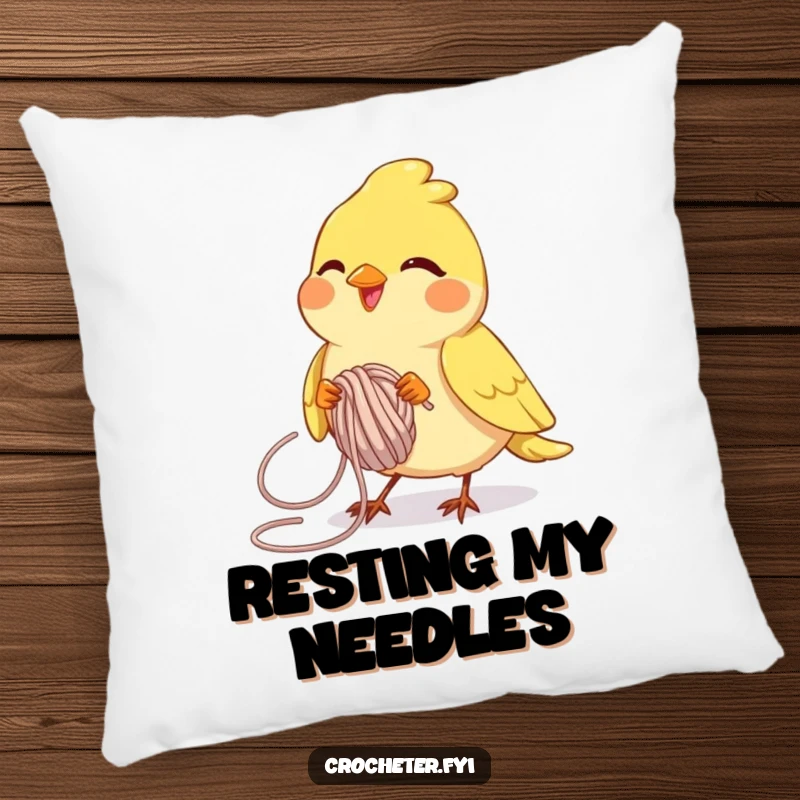 Funny joyful bird deftly looping yarn with determination, a soft and humorous decorative pillow.