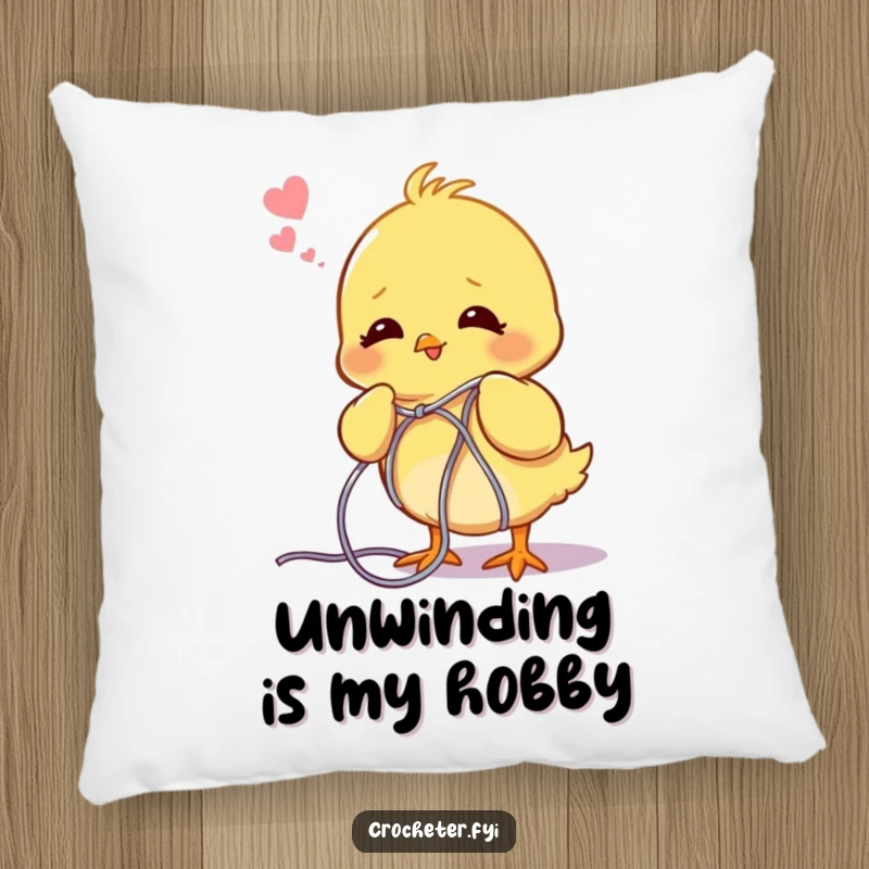 Funny chick pillow, depicted with a happy sigh while untangling colorful yarn, a soft addition to any couch.