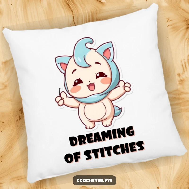 Funny pillow featuring a happy character joyfully displaying a perfect knitting stitch, offering comfort and humor.