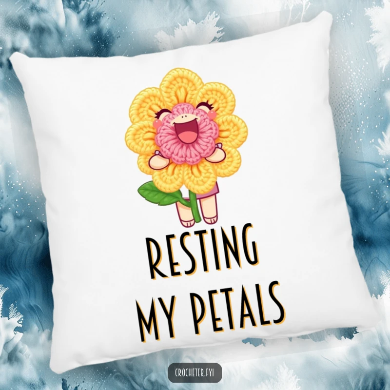 Funny Pillow: A joyful character proudly presents a perfect crochet flower, offering soft comfort and a celebration of craft.