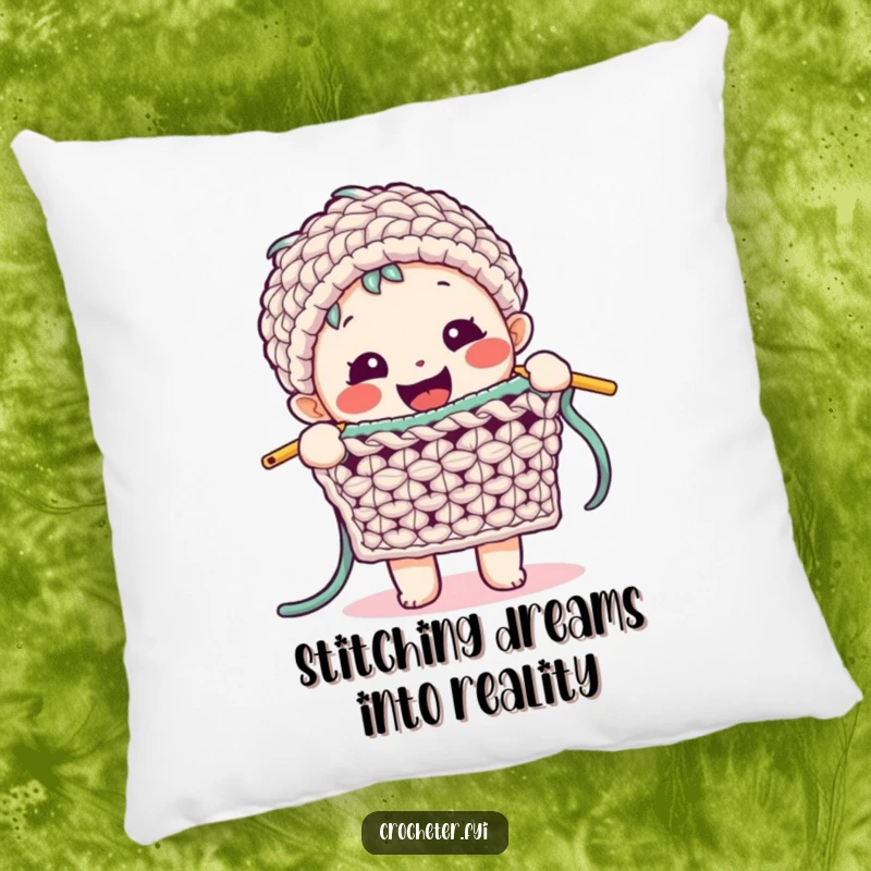 Funny Crochet Pillow: A happy character demonstrates a complex crochet stitch with enthusiasm, adding comfort and crafty pride.