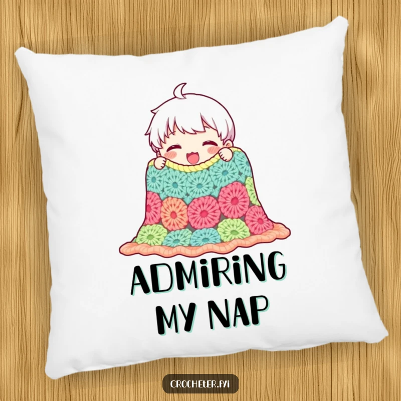 Funny pillow featuring a content character admiring a crocheted blanket, offering cozy relaxation and celebrating the art of handmade warmth.