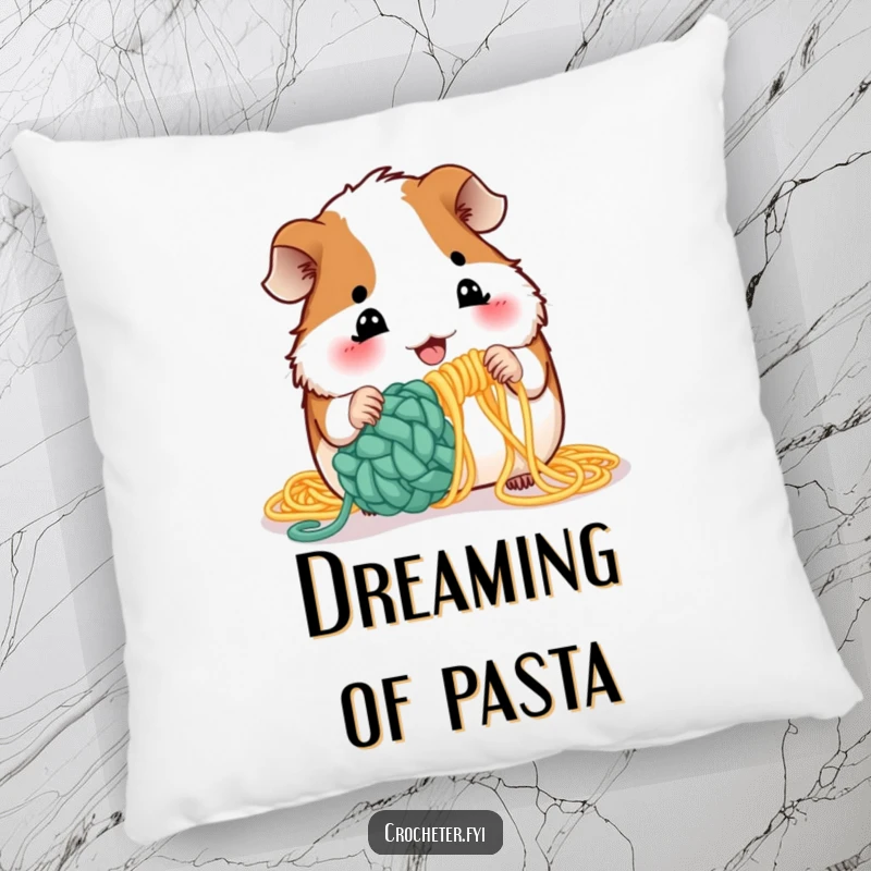 Funny guinea pig crochet pillow with a playful pet attempting to crochet using uncooked spaghetti, perfect for a cozy nook.
