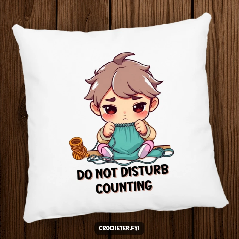 Funny pillow showing a determined character focused on counting knitting stitches, offering comfort and humor to knitters.