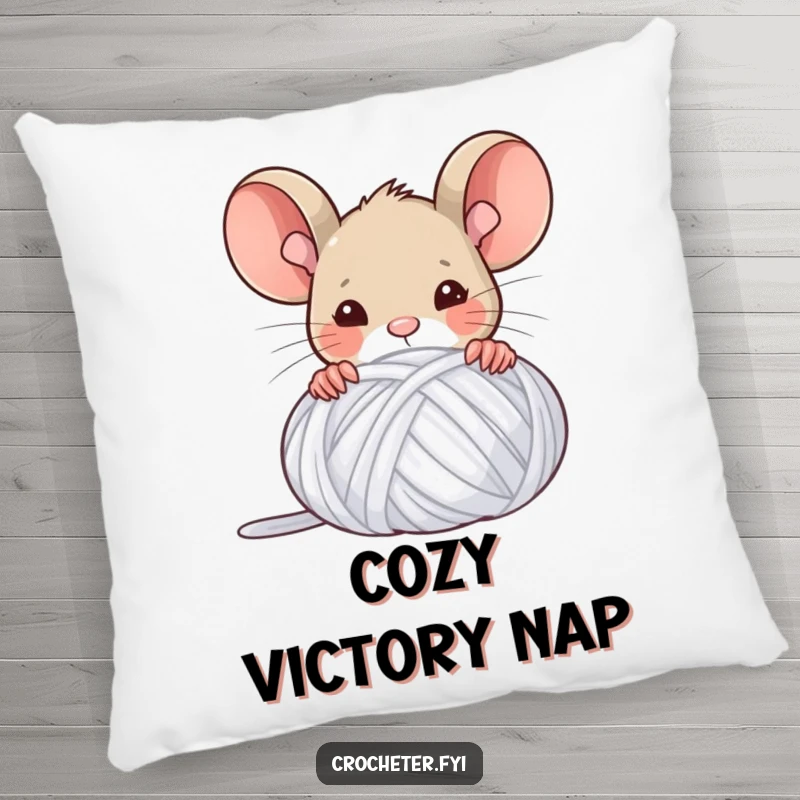 Funny pillow featuring a triumphant mouse peeking from behind a yarn ball, bringing cozy humor and celebration.