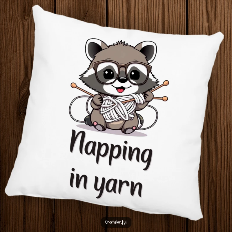 Funny throw pillow featuring a mischievous raccoon wearing glasses hilariously entangled in knitting needles, a comical crafting scene.