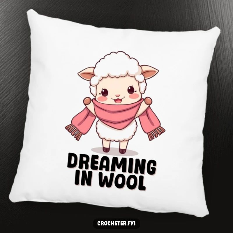 Funny perky sheep beaming while holding a very long scarf, a soft and humorous decorative pillow.
