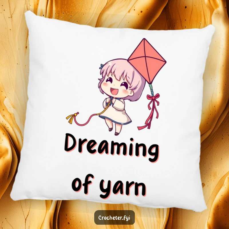 Funny pillow featuring a delighted character pulling a colorful yarn strand like a kite, offering cozy comfort.