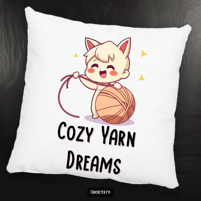 Funny pillow depicting a cheerful character enthusiastically pulling a long strand of yarn from a ball, offering comfort.