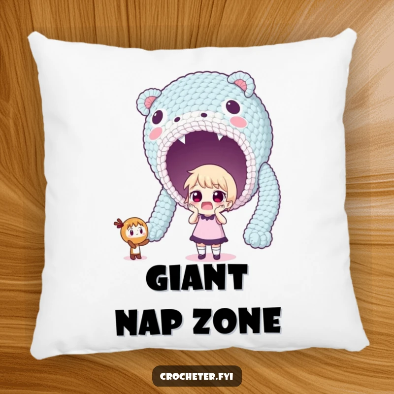 Funny pillow featuring a surprised character looking at an enormous crocheted creation, soft and humorous.