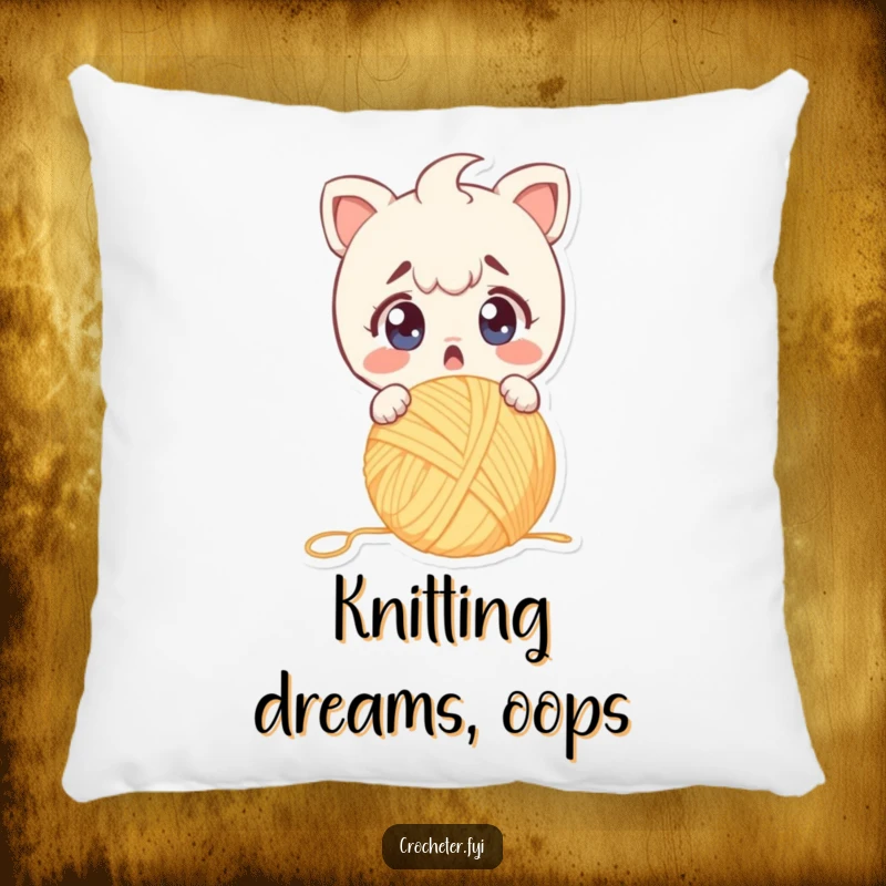 Funny pillow with a surprised character dropping yarn, wide eyes showing alarm, perfect for cozy, humorous decor.