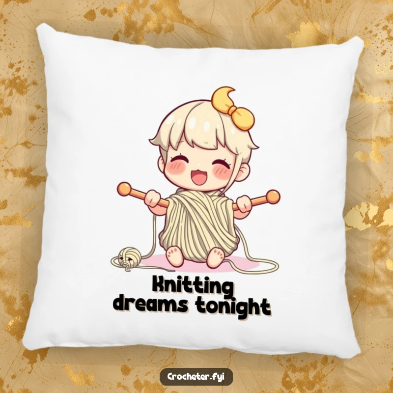 Funny pillow featuring a happy character enthusiastically knitting, adding soft, charming humor for crafters.