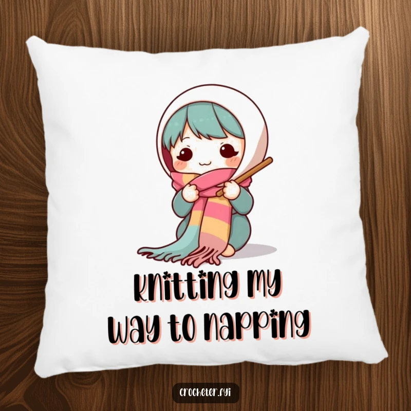 Funny pillow with a cute, smiling character knitting a long, rainbow-colored scarf with large needles, adding a touch of handmade warmth.