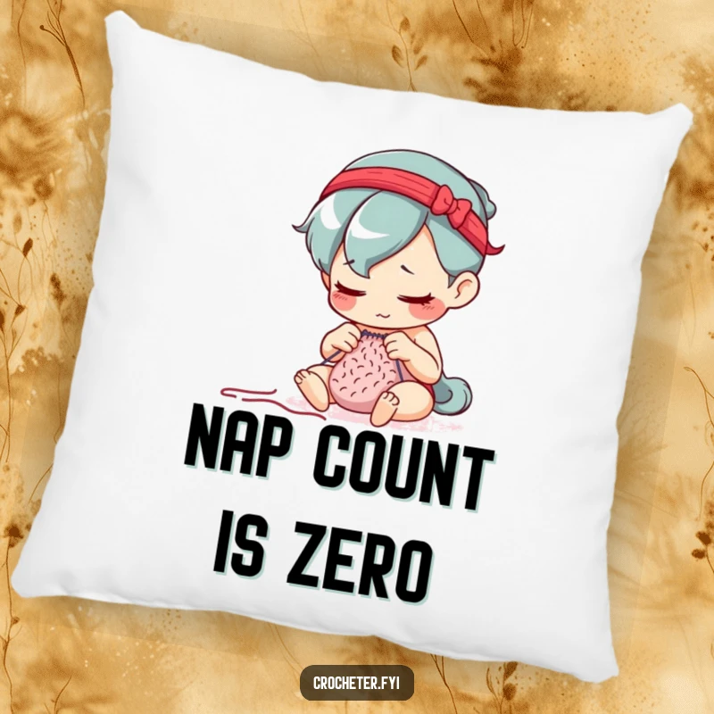 Funny pillow featuring a determined character concentrating hard while counting stitches, adding a focus-oriented touch.