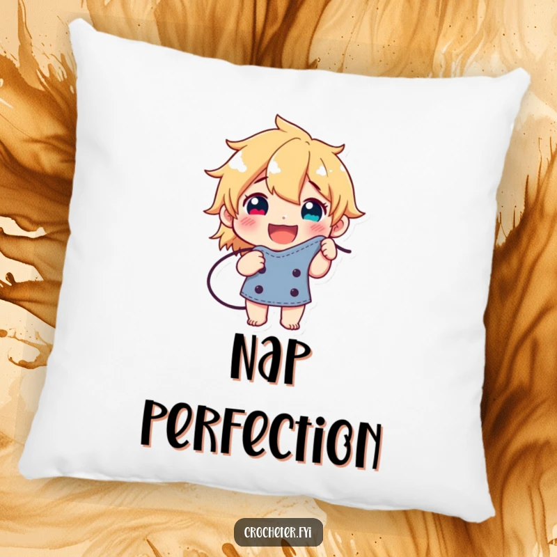 Funny pillow featuring a happy character proudly displaying a perfectly formed stitch, adding a touch of celebratory comfort.