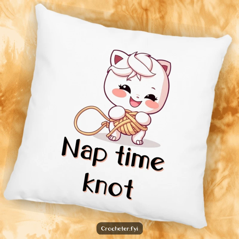 Funny pillow depicting a mischievous character grinning widely, completely tangled in a chaotic mess of colorful yarn.