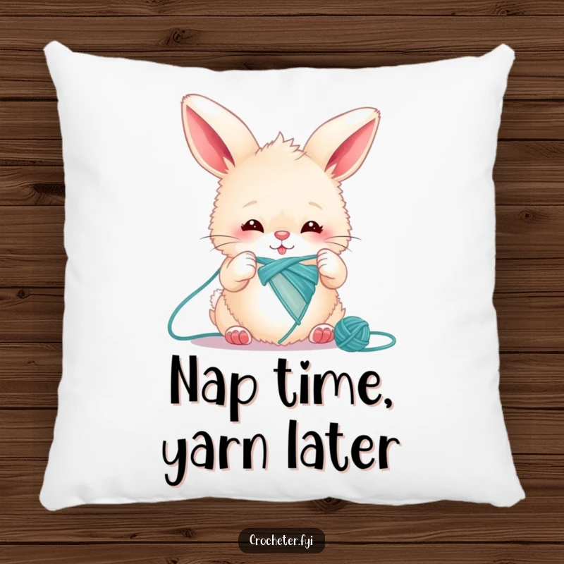 Funny bunny pillow with a fluffy rabbit hilariously struggling to knit one extremely long thread, perfect for a cozy nook.