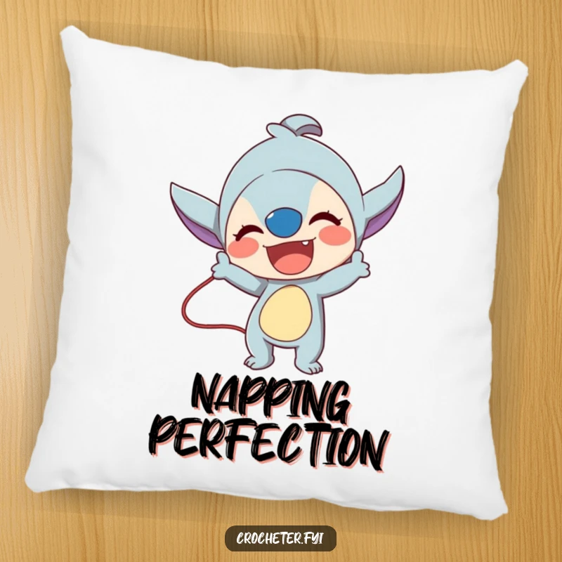 Funny pillow featuring an energetic character demonstrating a complex stitch, perfect for a craft room.