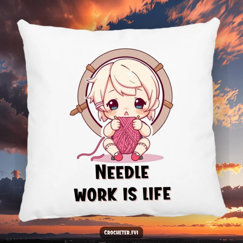 Funny pillow with a focused character carefully threading yarn through a needle's eye, perfect for cozy decor.
