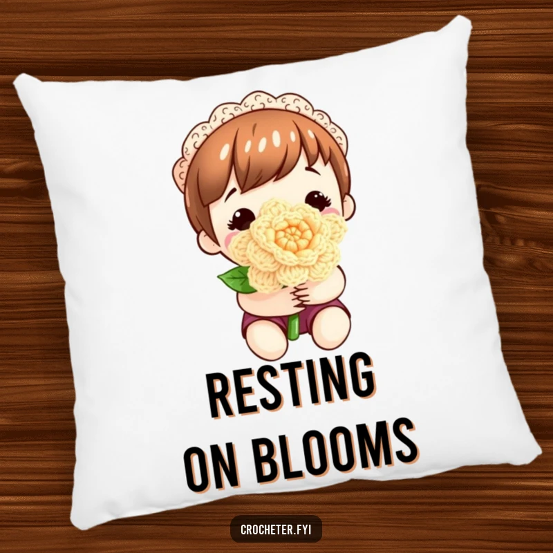 Funny pillow featuring a content character holding a beautifully crafted crocheted flower, adding comfort and charm.