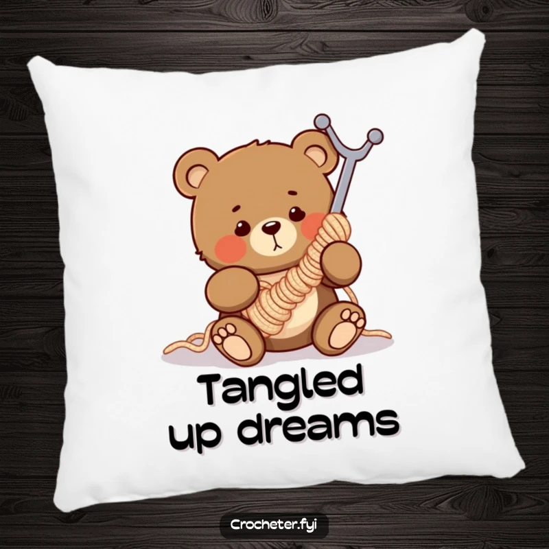 Funny throw pillow featuring a clumsy bear comically entangled in a massive crochet hook, a humorous crafting scene.