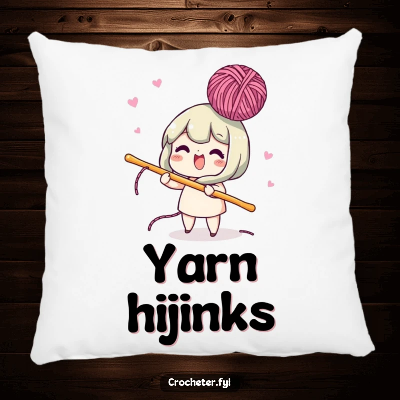 Funny pillow featuring a lively character using a crochet hook to bob yarn in the air, a playful and energetic home accent.