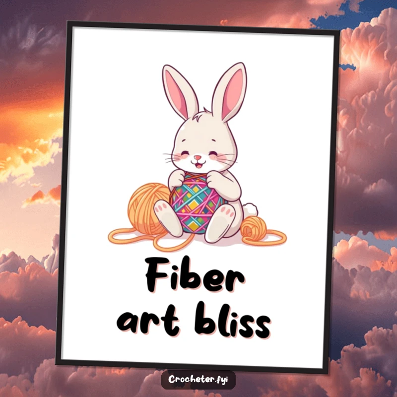 Funny bunny happily stitching a colorful pattern with big yarn, a digital artwork radiating creativity and handmade charm.