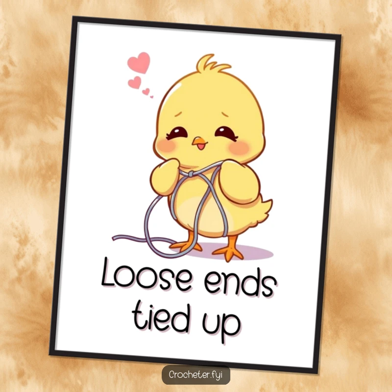 Funny chick digital art print, featuring a cute chick happily untangling a huge ball of yarn, ready to download.