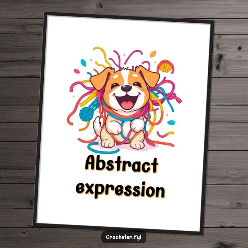 Funny excited dog caught in a massive colorful yarn explosion, a high-resolution digital art print for instant humorous decor.