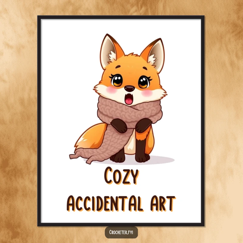 Funny surprised fox digital art print caught in a giant crocheted scarf, instant whimsical decor.