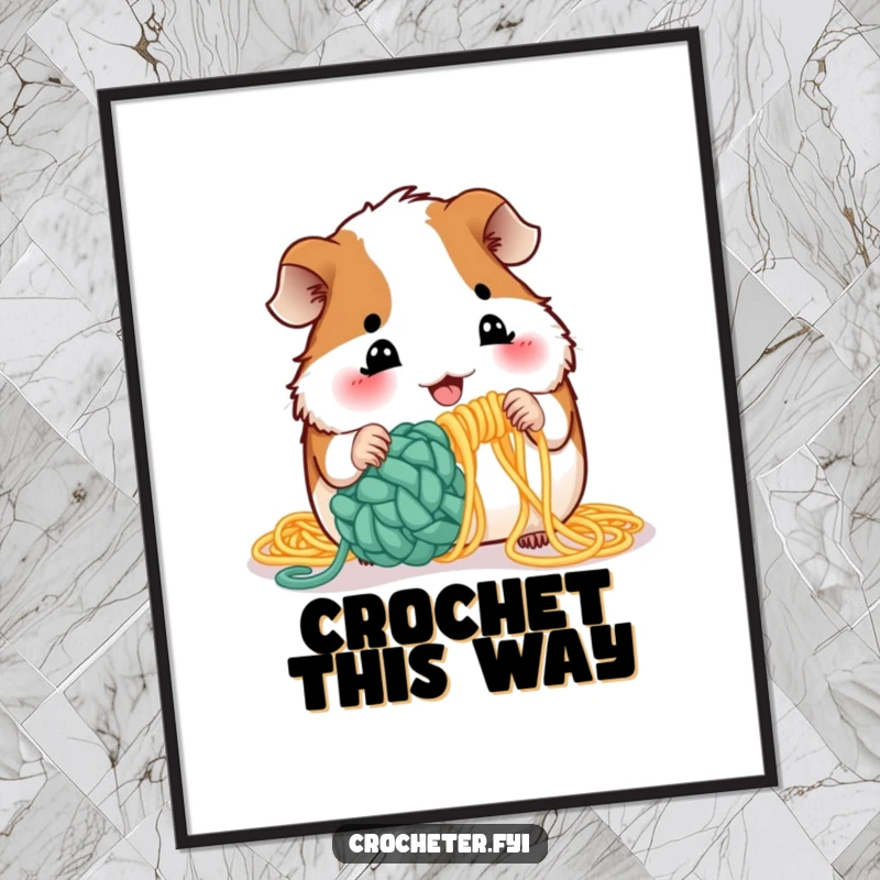 Funny guinea pig crochet digital art print showing a playful rodent attempting to crochet with uncooked spaghetti.