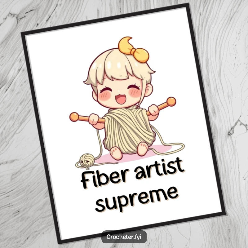 Funny digital art of a happy character enthusiastically knitting, a charming and easily shareable artwork.