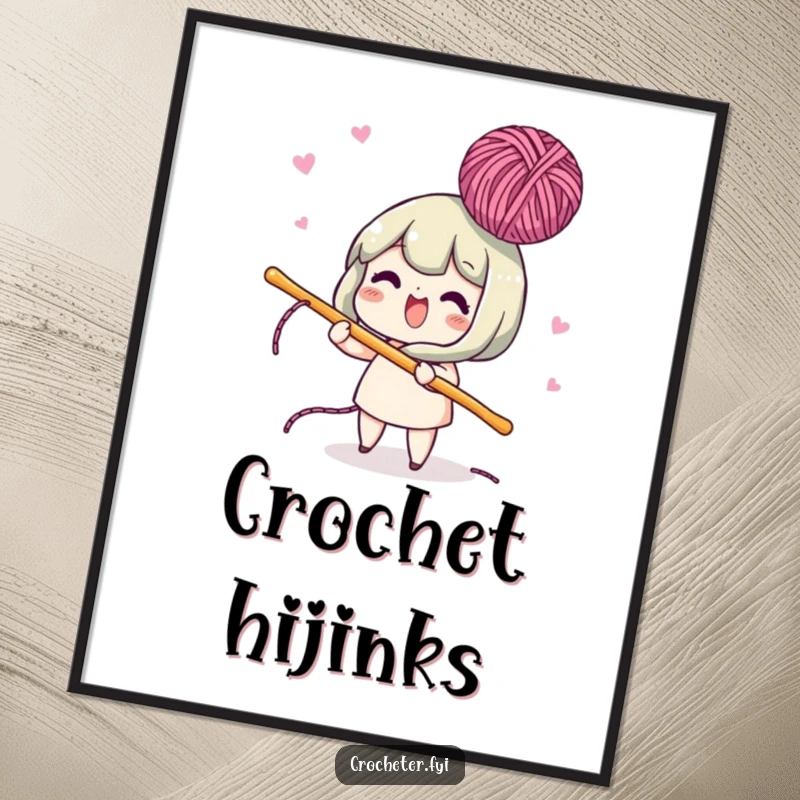 Funny digital art print of a lively character using a crochet hook to bob yarn in the air, a playful and downloadable piece for crafters.