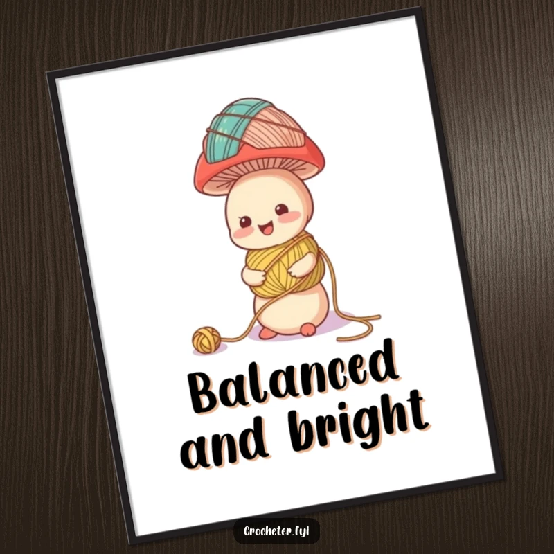 Funny digital art print of a cheerful mushroom character balancing a tall stack of yarn balls, perfect for instant whimsical decor.