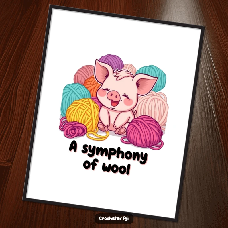 Funny giggling piglet with colorful yarn piles, as digital art, offering humorous and cute printable decor.