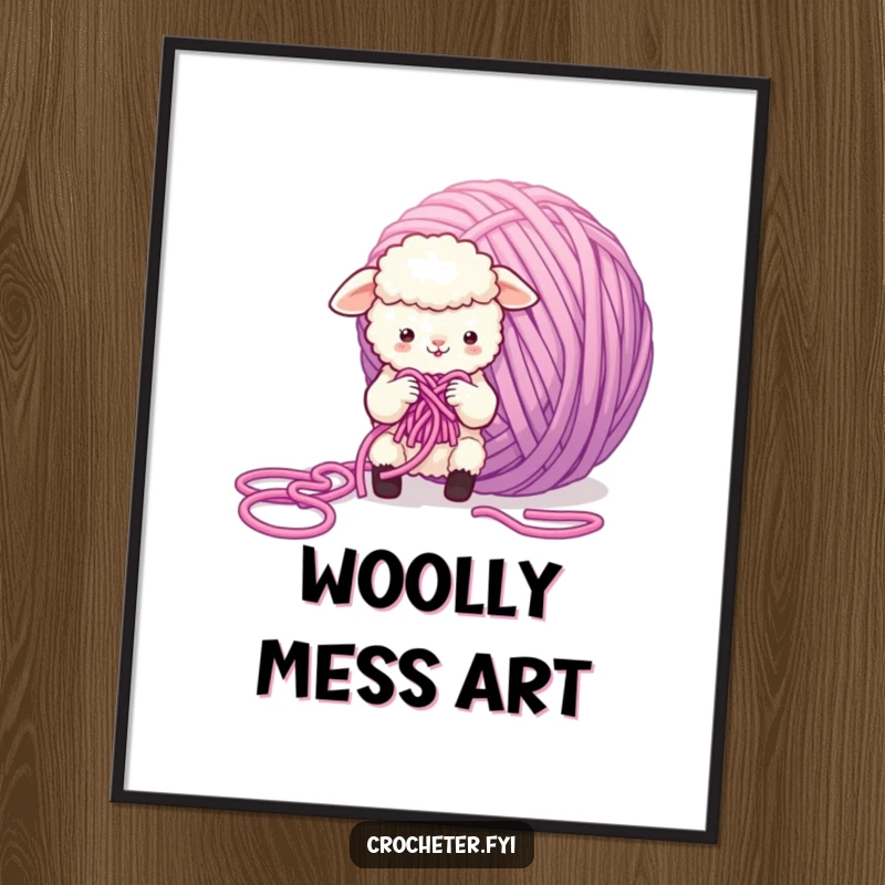 Funny Sheep Digital Art Print of a small, fluffy sheep character comically struggling with a giant, tangled ball of yarn, humorous wall decor.