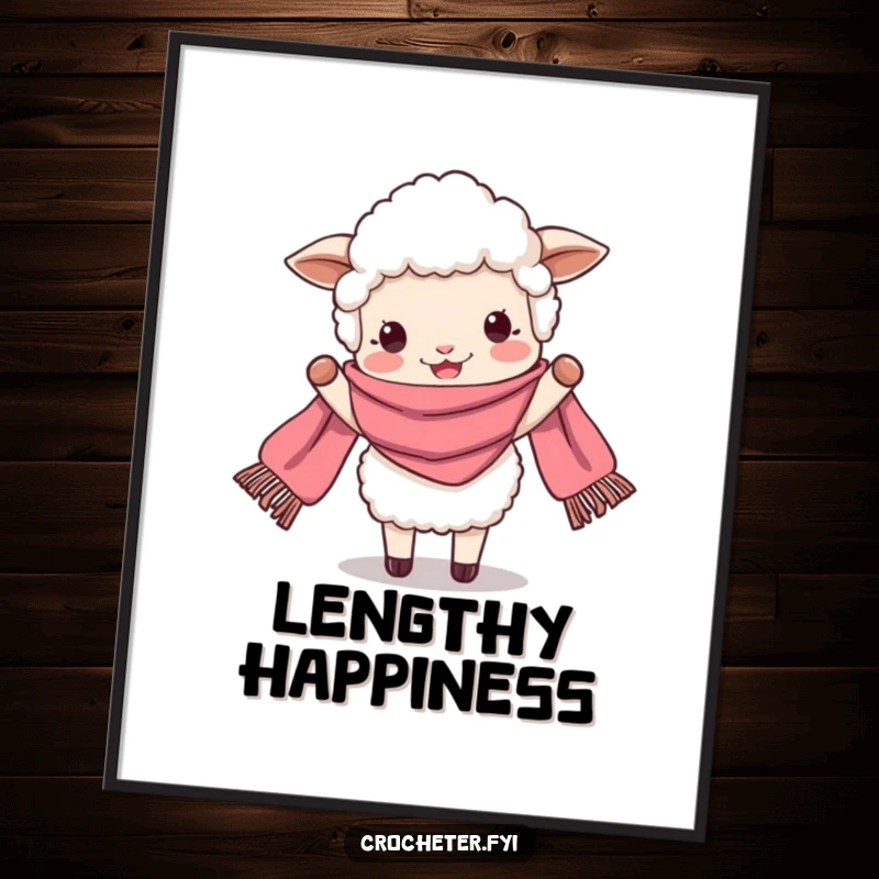 Funny perky sheep beaming while holding a very long scarf, a high-resolution digital art print for cheerful decor.