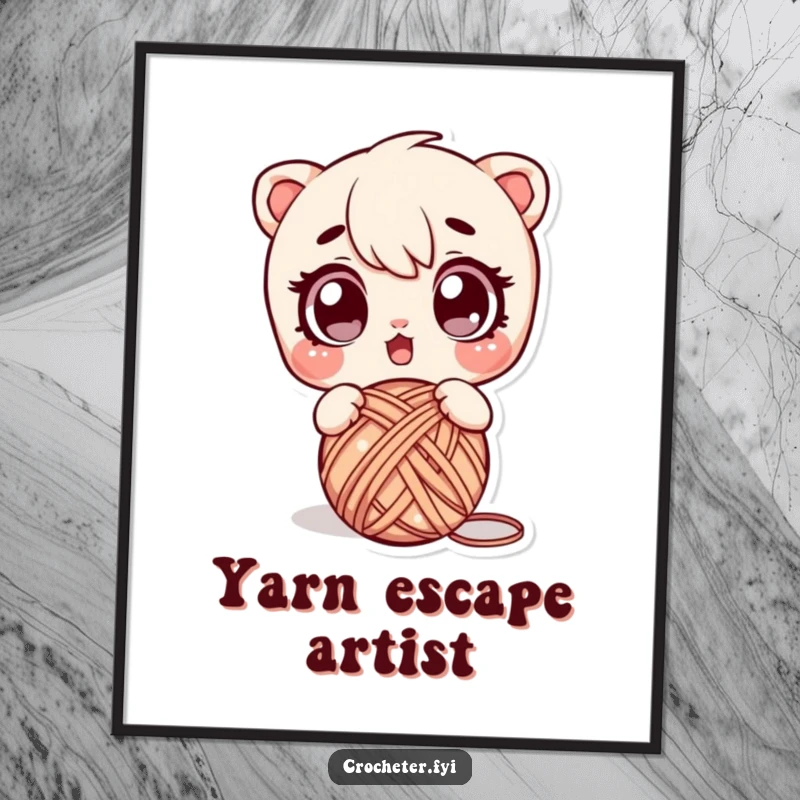 Funny digital art print of a surprised character dropping a ball of yarn, a humorous and downloadable piece for any craft enthusiast.