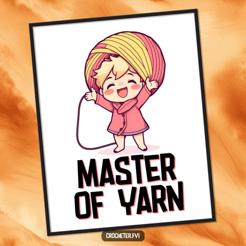 Funny character enthusiastically casting a large colorful yarn ball, as a digital art print. A humorous and appealing crafting illustration, perfect as a funny gift.