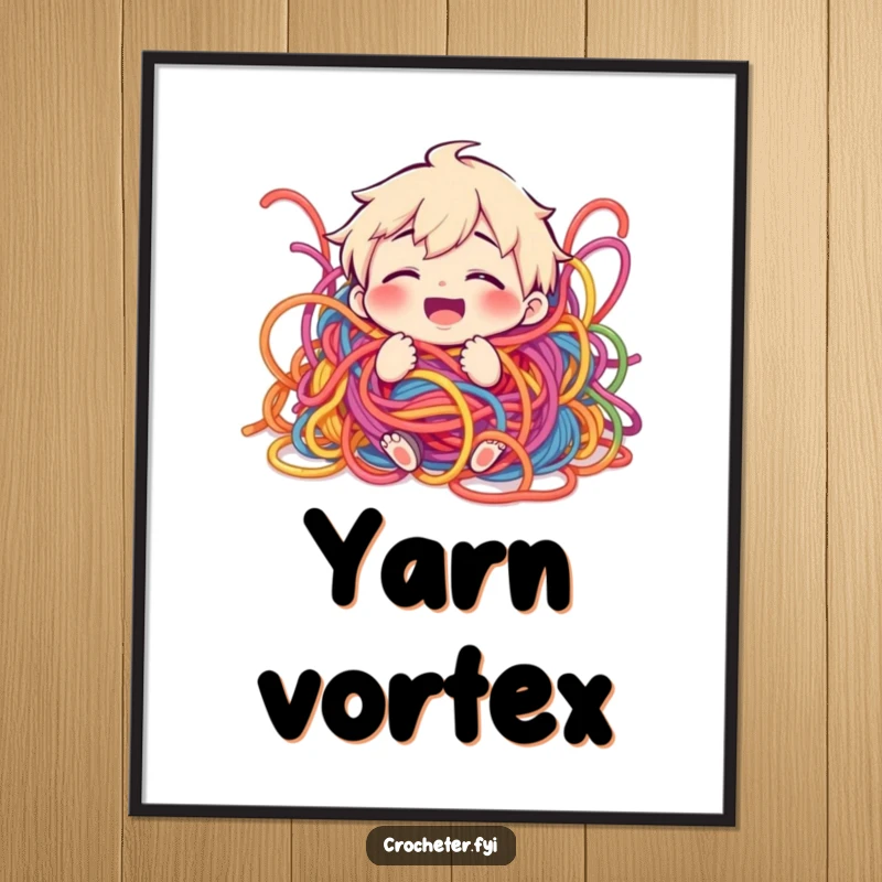 Funny digital art of a giggling character completely wrapped up in a joyful, chaotic tangle of colorful yarn.