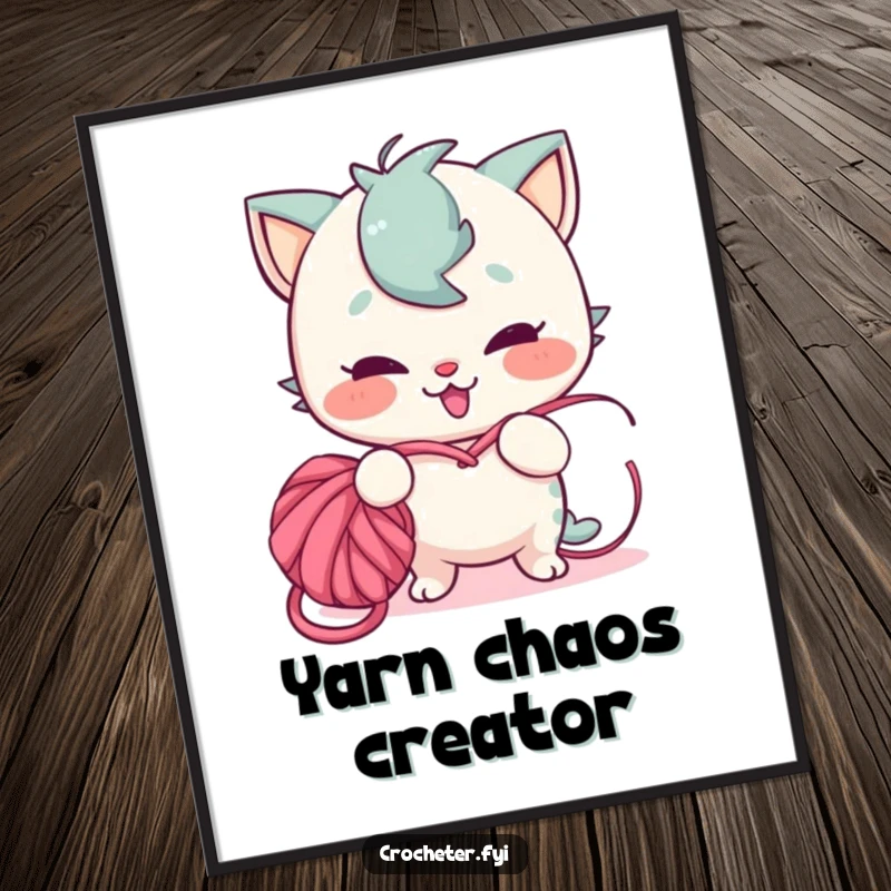 Funny digital art print of a playful character with a mischievous grin tangling yarn into a knot, ideal for humorous decor.