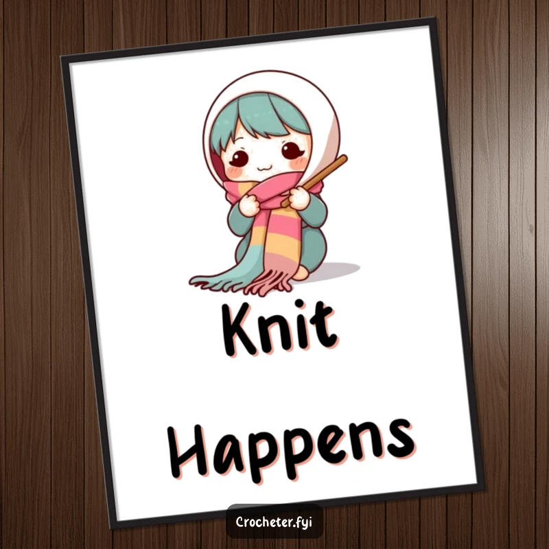 Funny digital art of a cute character knitting a long, colorful scarf with large needles, capturing the joy of creative expression.