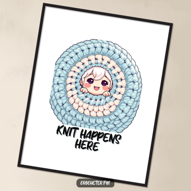 Funny digital art print of a cheerful character peeking from a huge crochet project, offering whimsical decoration.