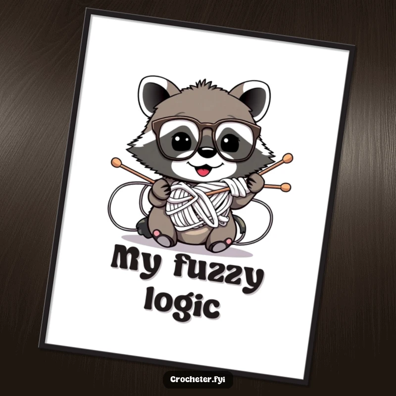 Funny digital art print of a mischievous raccoon wearing glasses hilariously tangled in knitting needles, perfect for instant humorous decor.