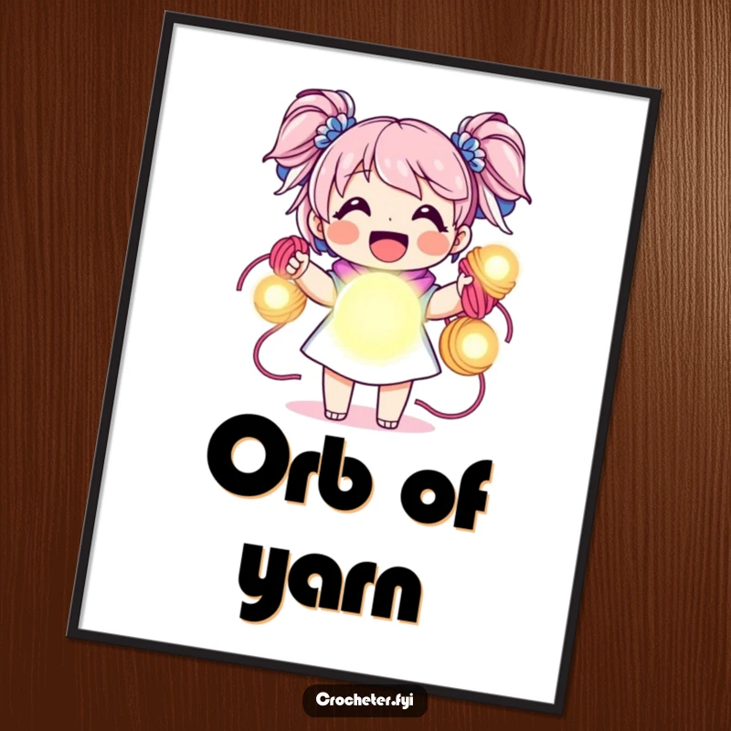 Funny digital art, joyful character holding vibrant yarn skeins like glowing orbs, humorous and cheerful decor.