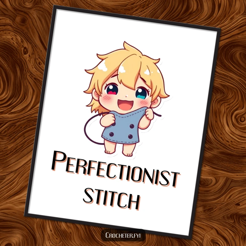 Funny digital art of a happy character beaming with pride while showcasing a flawlessly formed stitch, celebrating crafting perfection.